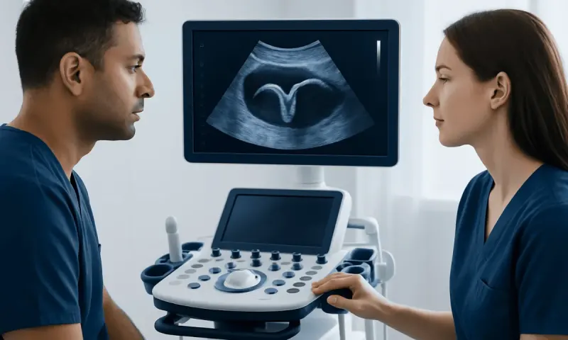 Medical professionals reviewing an ultrasound image in a clinical setting.