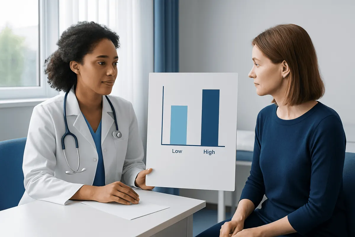 Doctor explaining bilirubin levels to patient with chart showing low and high levels.
