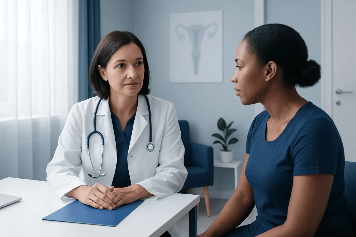 Doctor consulting patient about cervical health in a medical office.