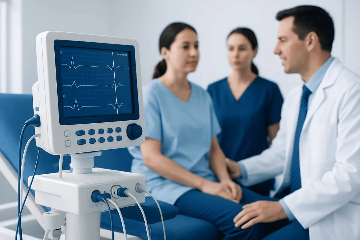 Medical team monitoring patient with ECG in hospital setting.