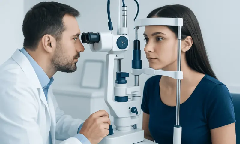Optometrist examining patient's eye with slit lamp in clinic.