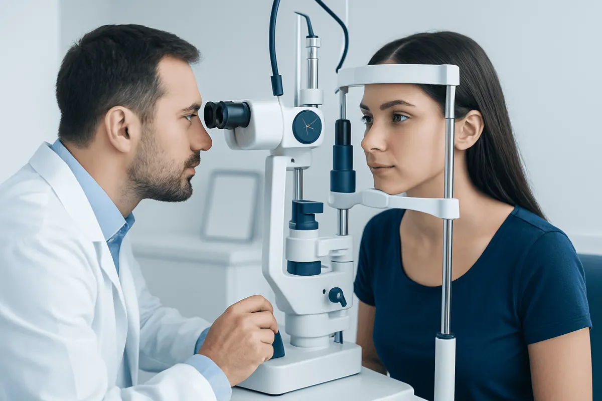 Optometrist examining patient's eye with slit lamp in clinic.