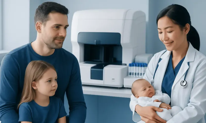 Doctor holding a newborn with family in a hospital setting.