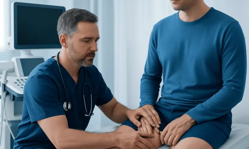 Urologist examining a patient's testicles in a medical consultation room.