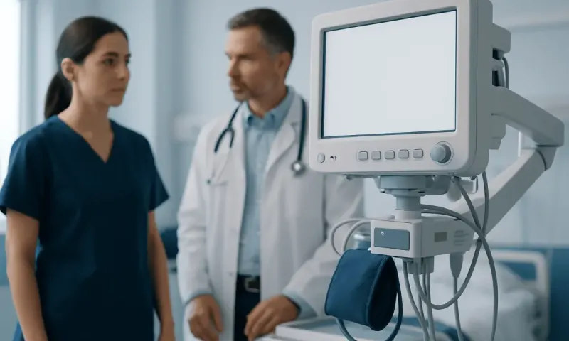 Medical consultation with a doctor and nurse in a hospital setting.