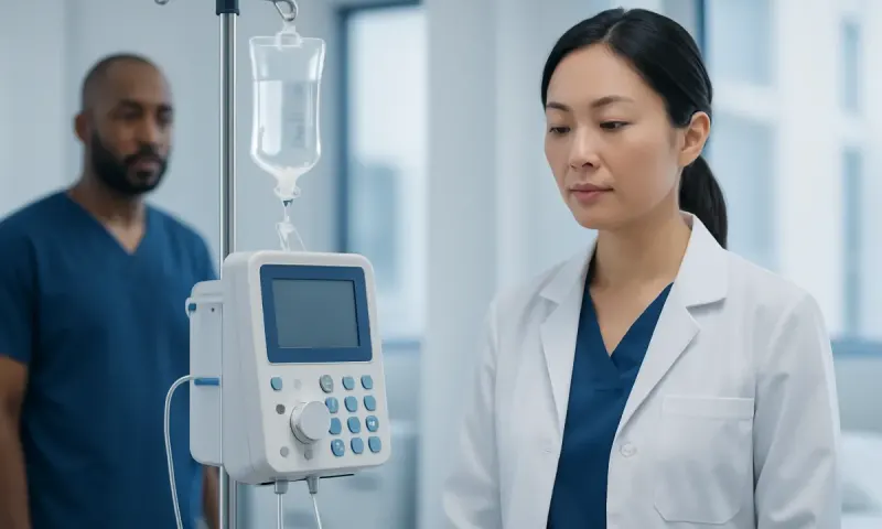 Medical professionals monitor IV infusion in a hospital setting.