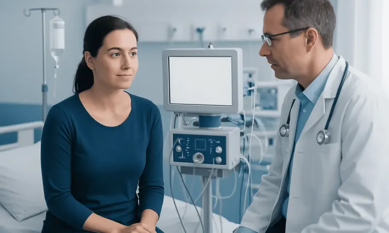 Doctor consulting a patient in a hospital room with medical equipment.