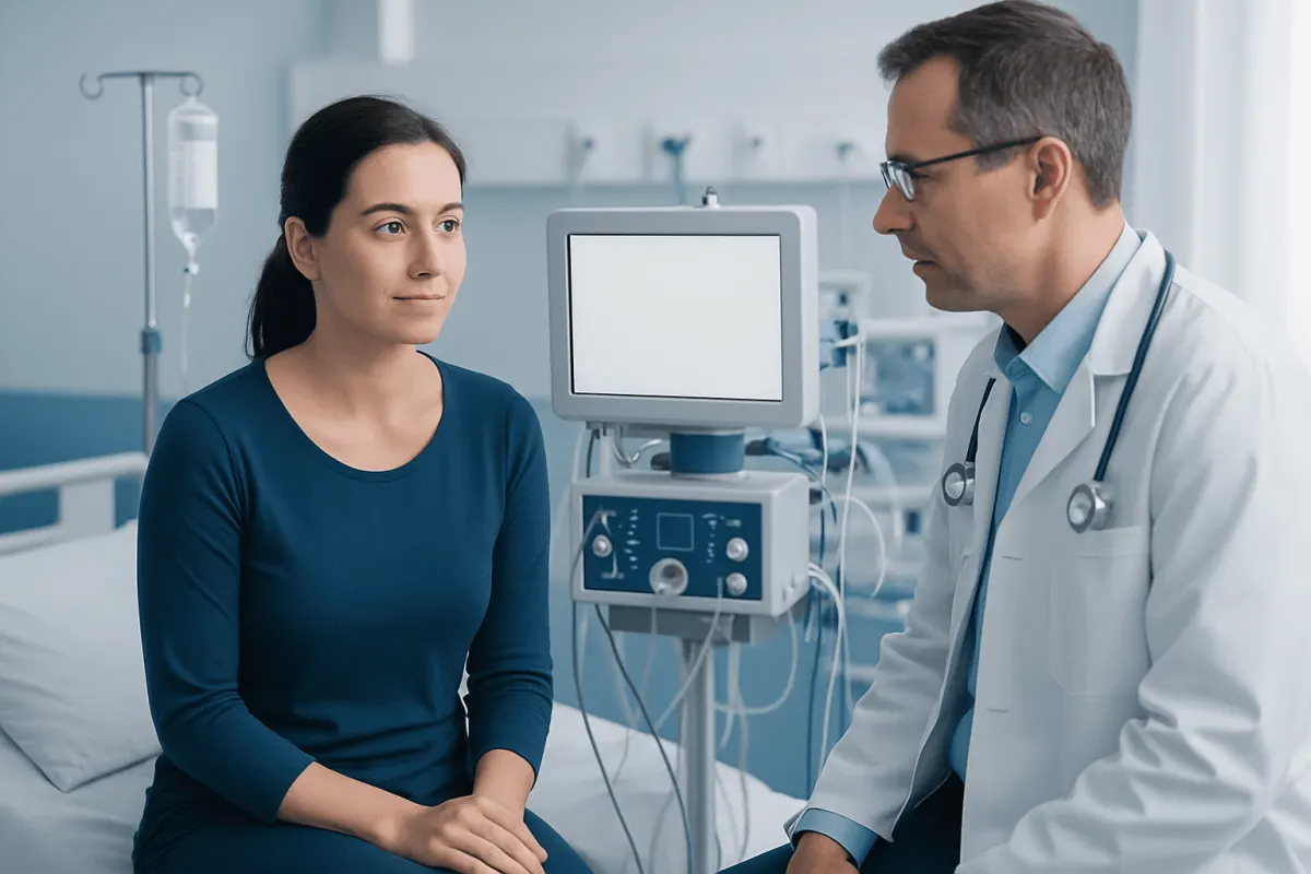 Doctor consulting a patient in a hospital room with medical equipment.