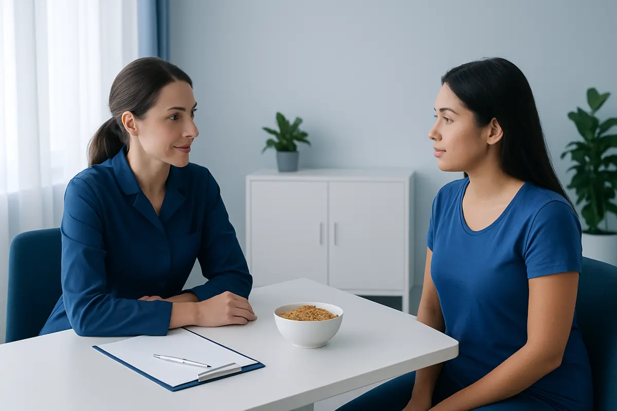 Doctor consulting with patient about diet and health in a clinical setting.