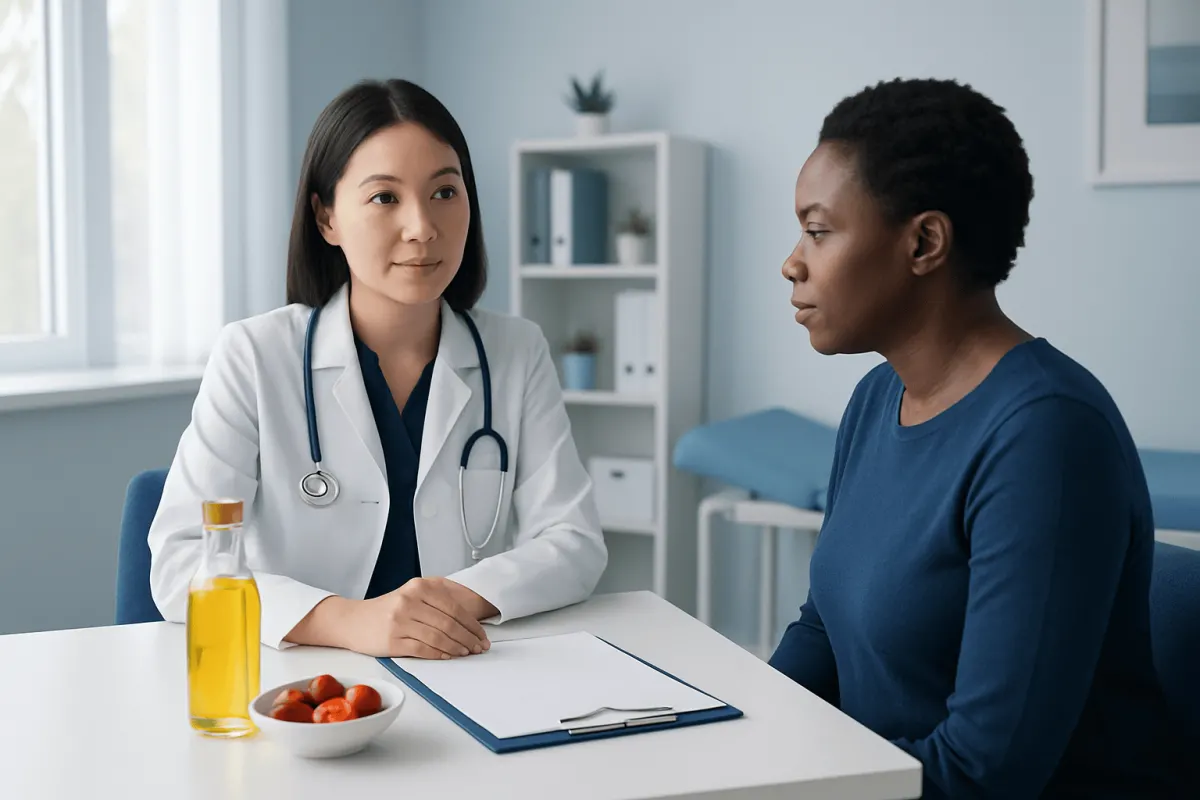 Doctor consulting a patient in a medical office with health-related items on the table.