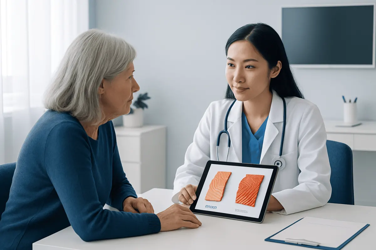 Doctor explaining salmon types to patient using tablet in clinic.