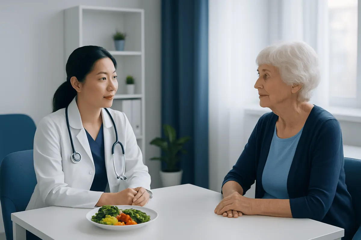 Doctor consulting with elderly woman in a medical office.