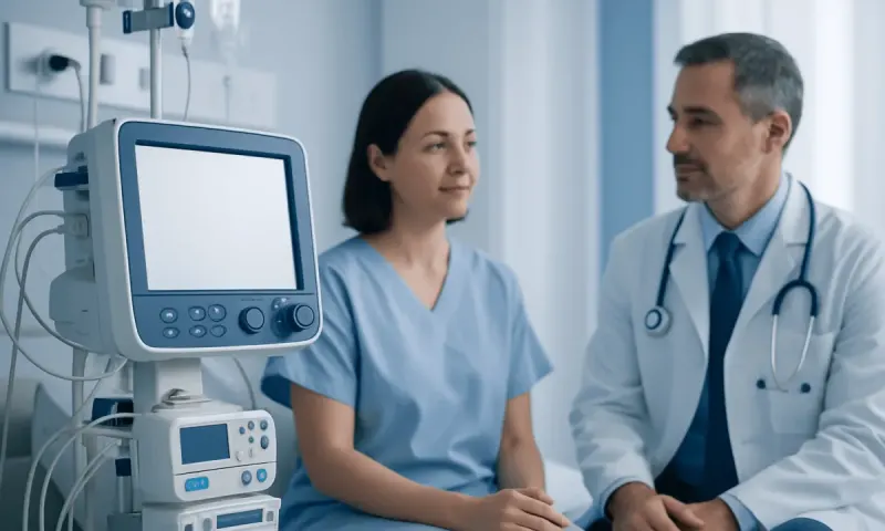 Doctor consulting with patient in hospital room with medical equipment.