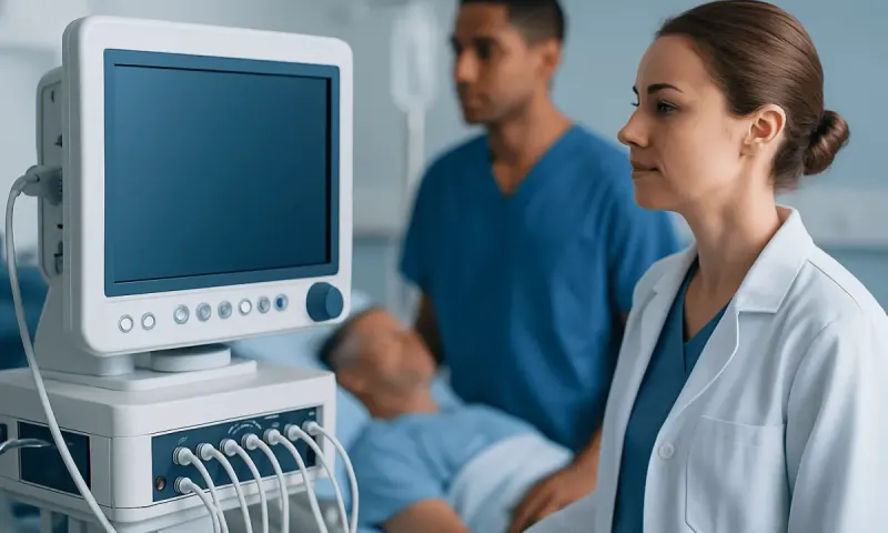 Medical professionals monitor patient using ultrasound machine in hospital.