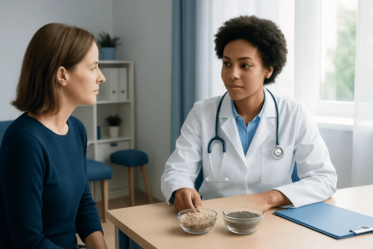Doctor consulting with patient about health in a medical office.