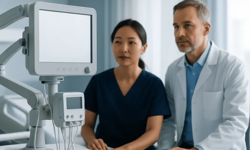 Medical professionals consulting with patient in hospital room.
