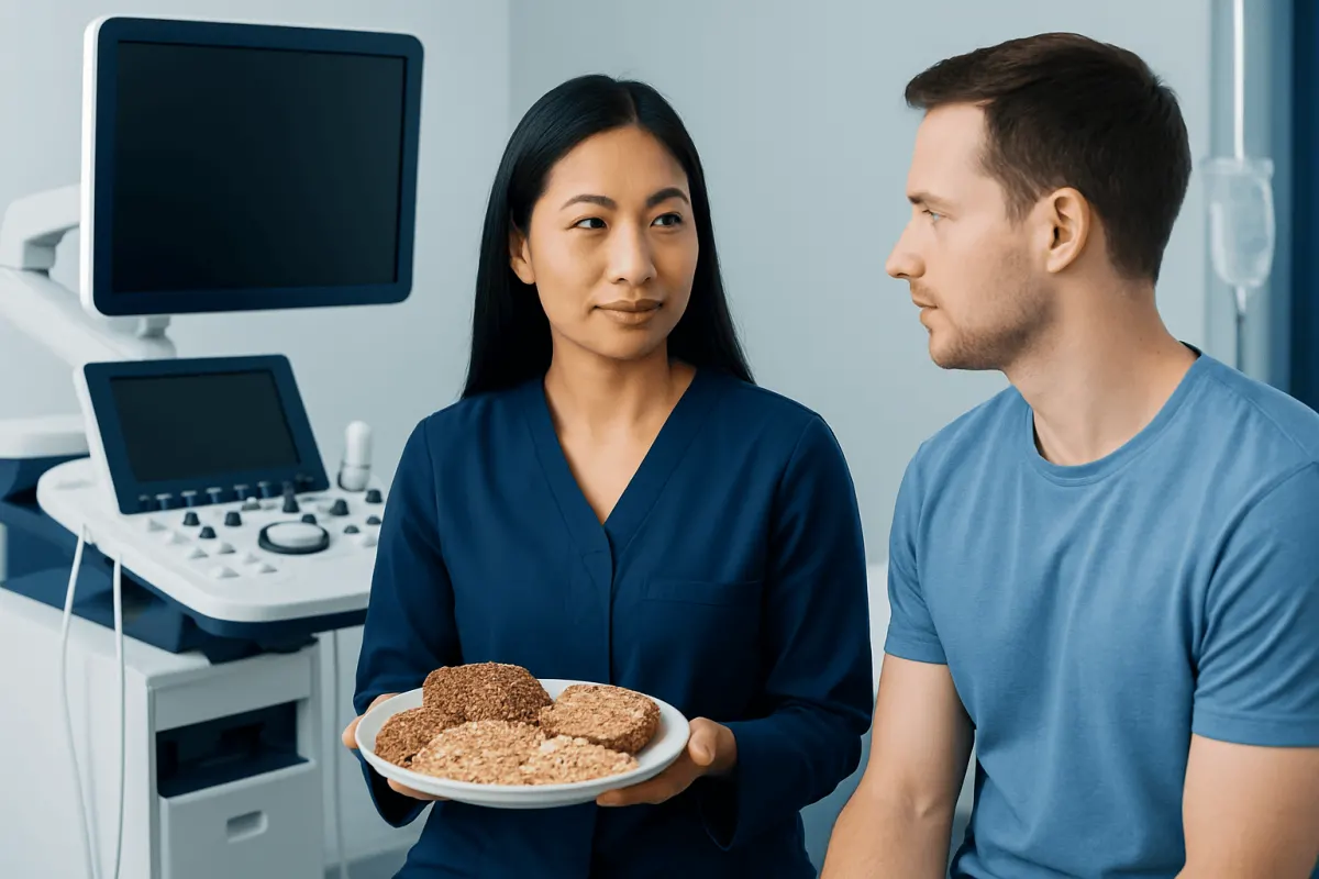 Medical professional presenting whole grains to a patient in a clinical setting.