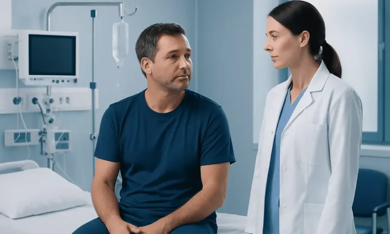 Doctor consulting male patient in hospital room with medical equipment.