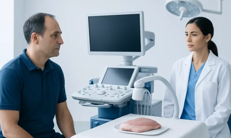 Doctor and patient in a medical consultation with ultrasound equipment.