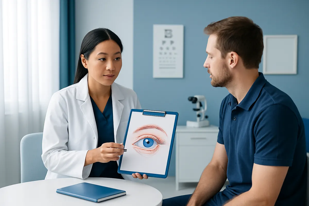 Ophthalmologist explains eye health to patient with eye diagram.