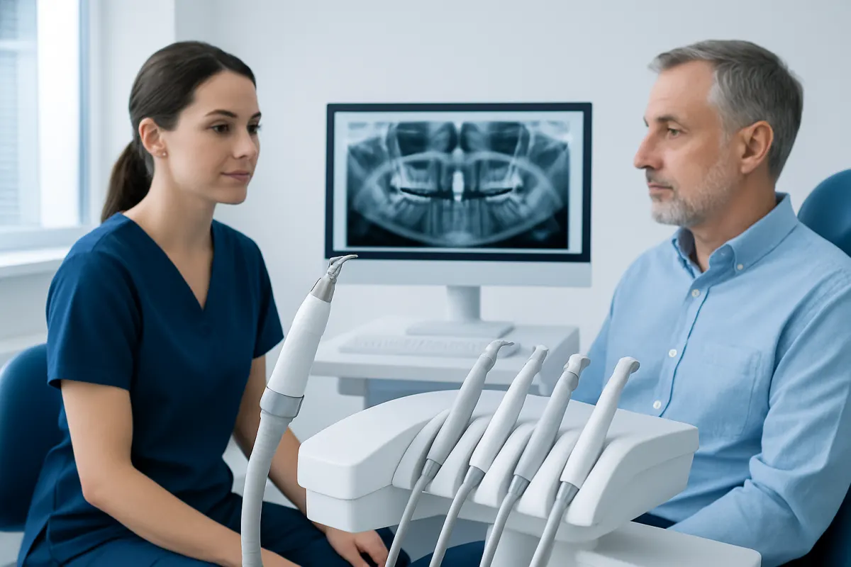 Dentist and patient discussing dental X-ray in clinic.