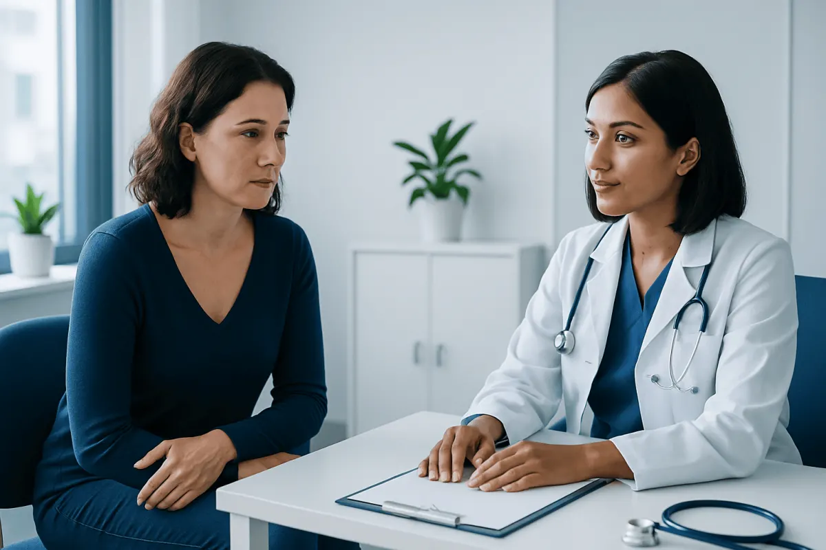 Doctor consulting with a patient about ovarian cysts in a medical office.