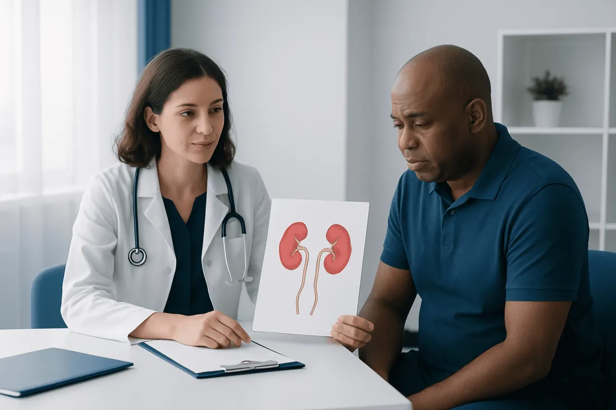 Doctor explaining kidney health to patient with kidney diagram.