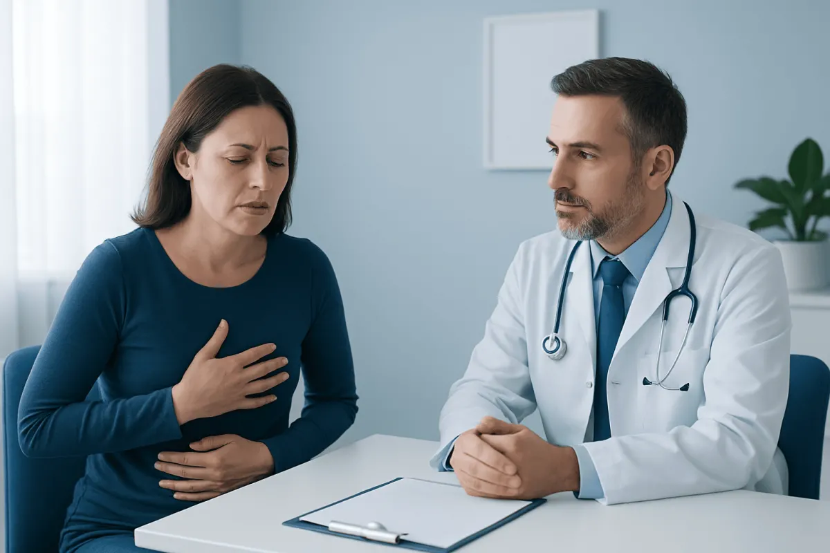 Doctor consulting with woman experiencing chest discomfort and diarrhea.