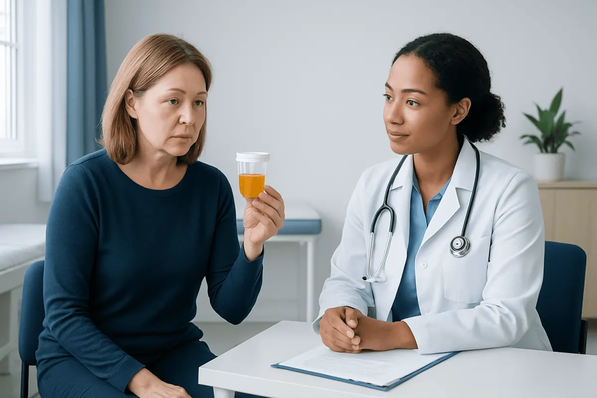 Doctor explaining urine test results to a patient in a clinic setting.