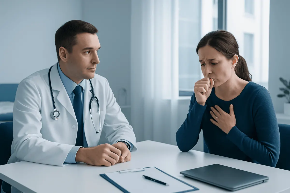 Doctor consulting with a woman about her health concerns in a medical office.