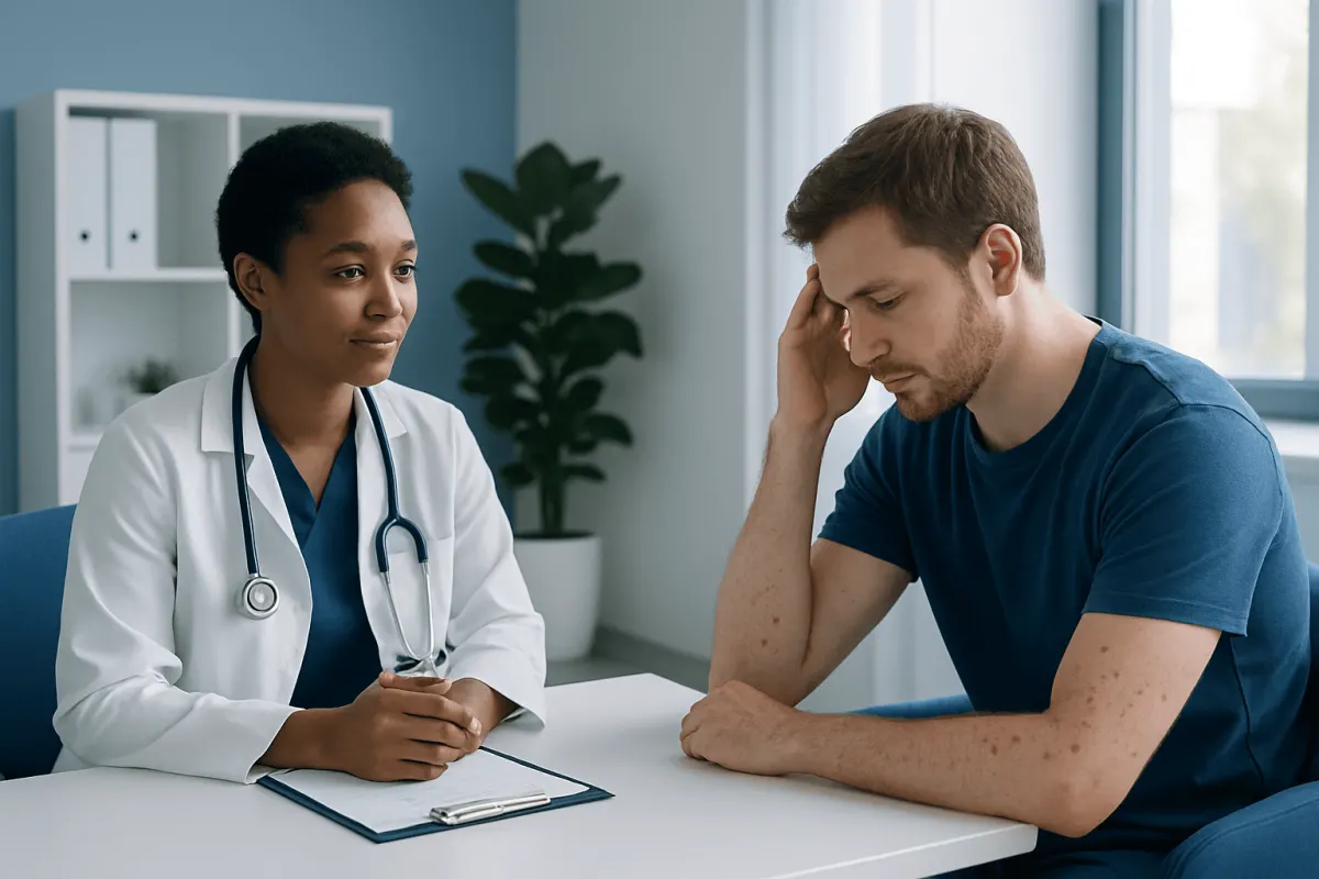Doctor consulting with a patient about health concerns in a medical office.