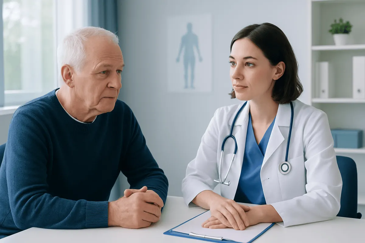 Urologist consulting with an elderly male patient in a medical office.