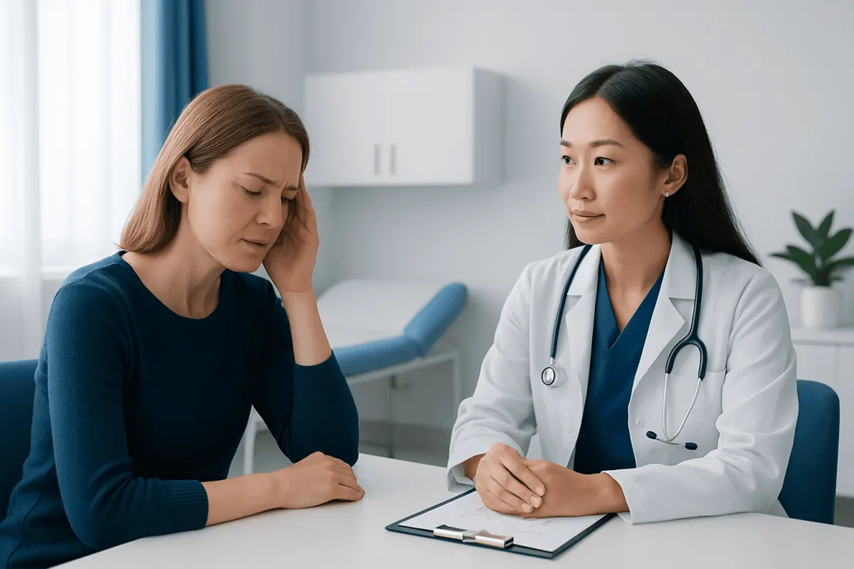 Doctor consulting with a woman patient about headache symptoms in a clinic.