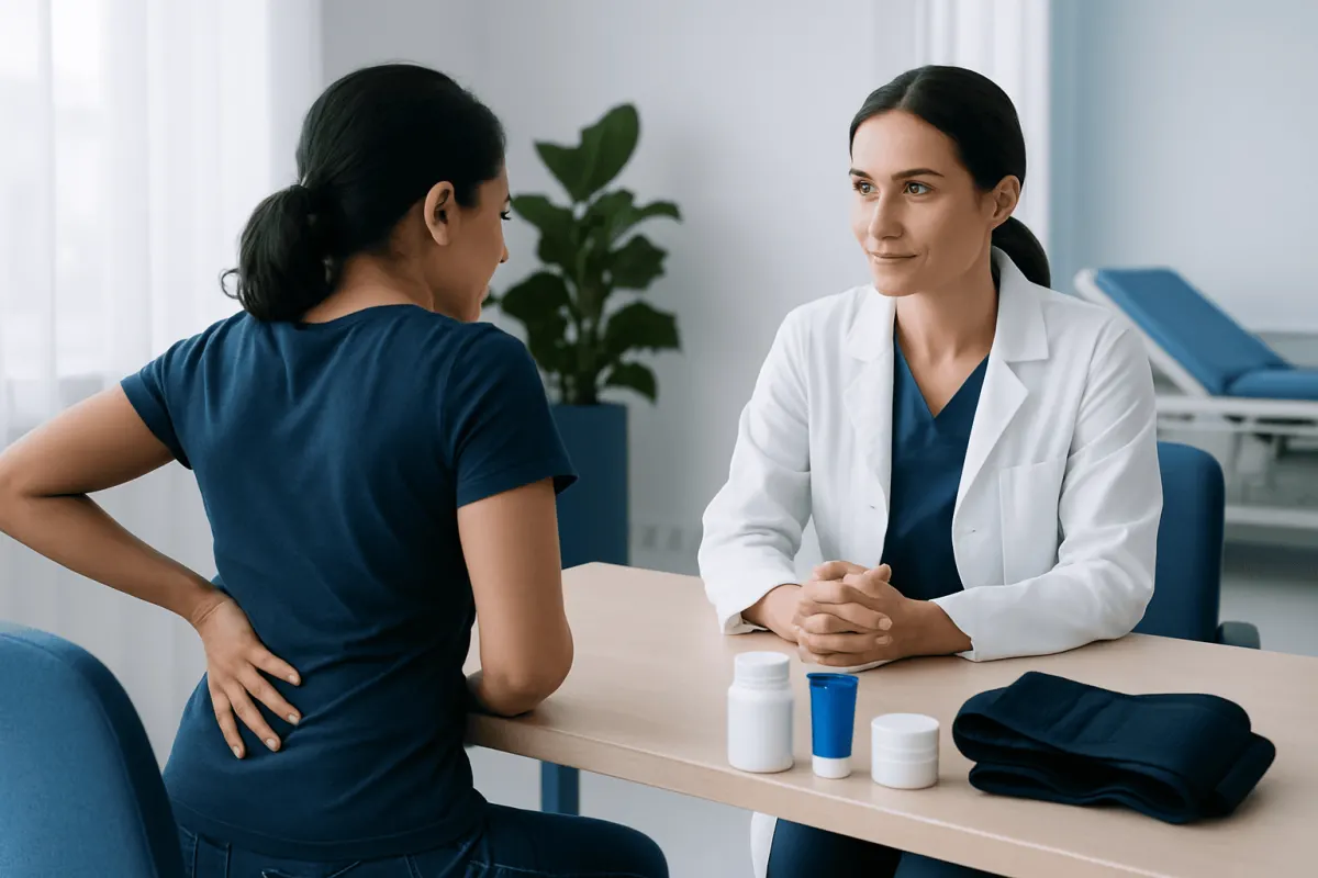 Doctor consulting patient about lower back pain treatment options.