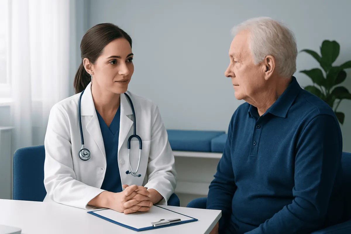 Doctor consulting with elderly patient about pacemaker eligibility.