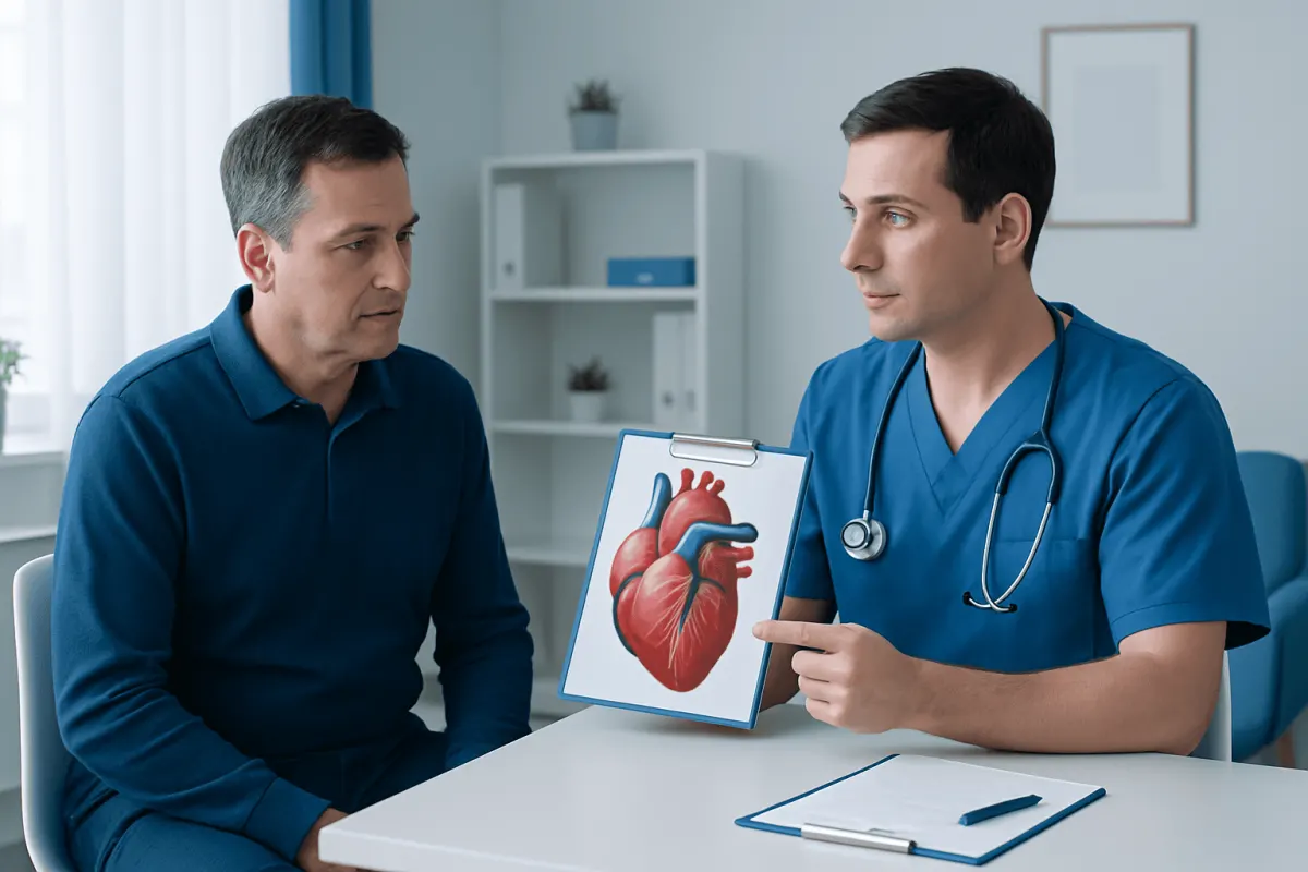 Doctor explaining heart health to patient with heart diagram.