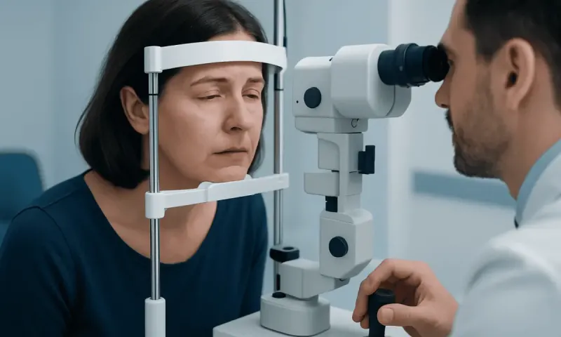 Optometrist examines patient's eyes with slit lamp in clinic.