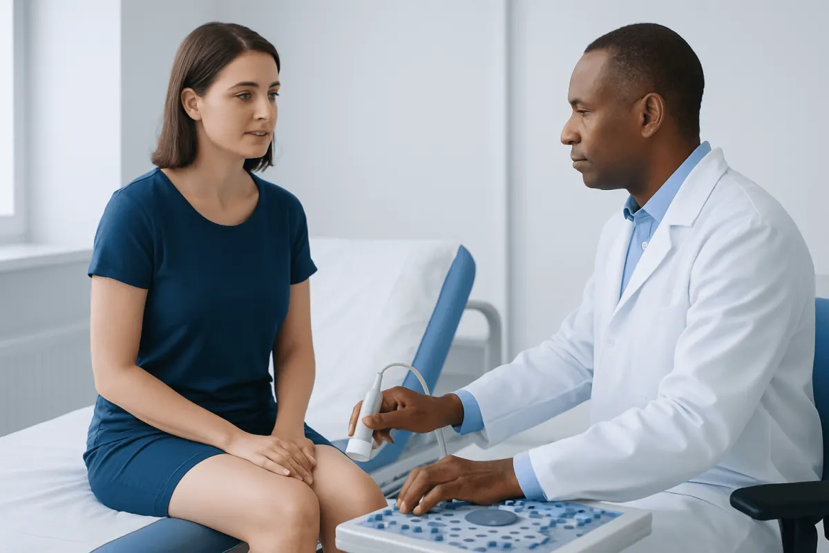 Doctor examining patient's leg in a hospital room.