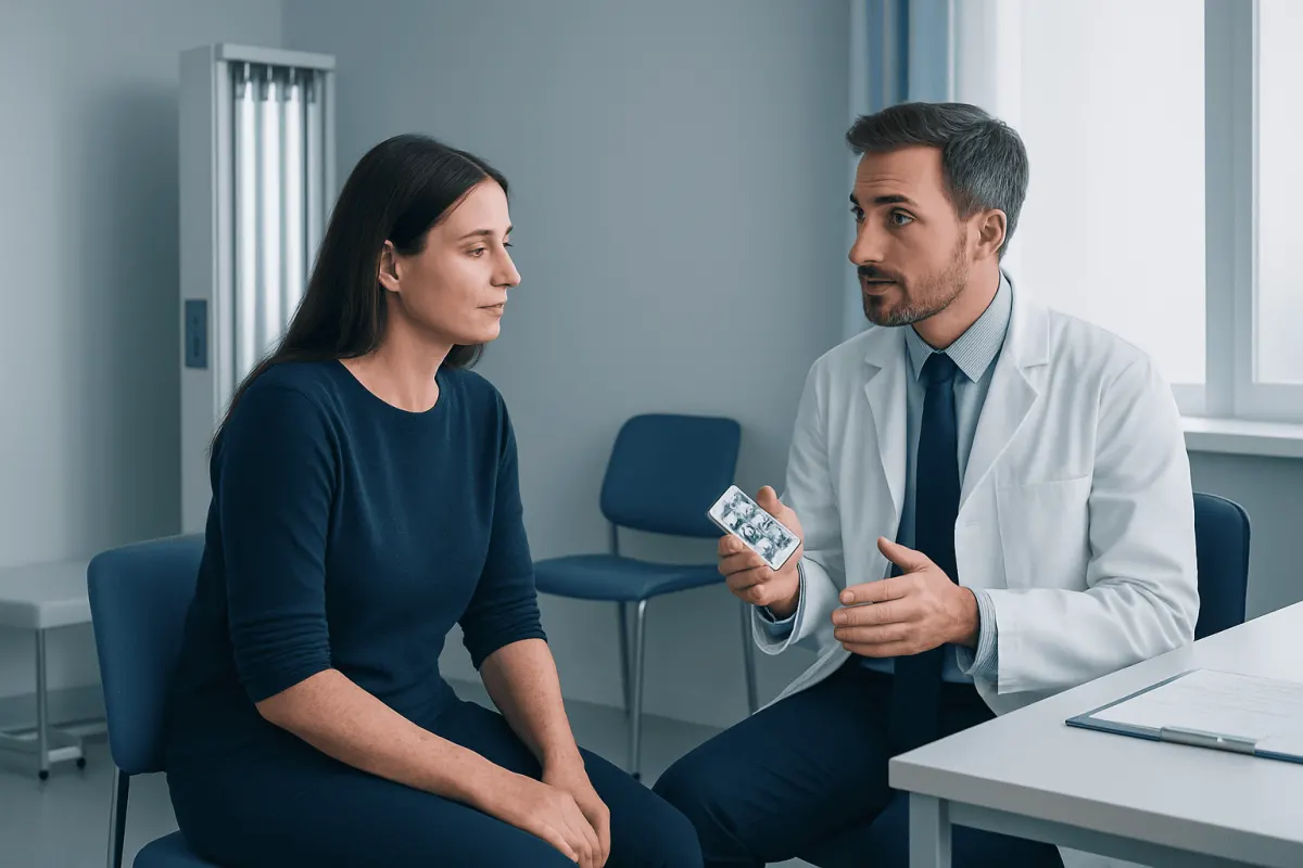 Doctor consulting with female patient in a medical office.