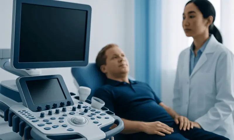 Doctor performing ultrasound examination on patient in hospital.