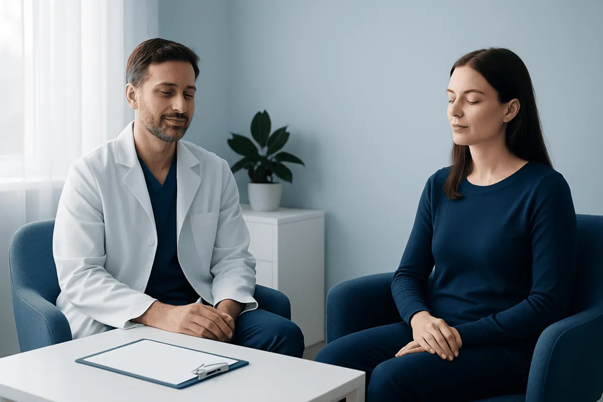 Doctor and patient in consultation at a medical clinic.