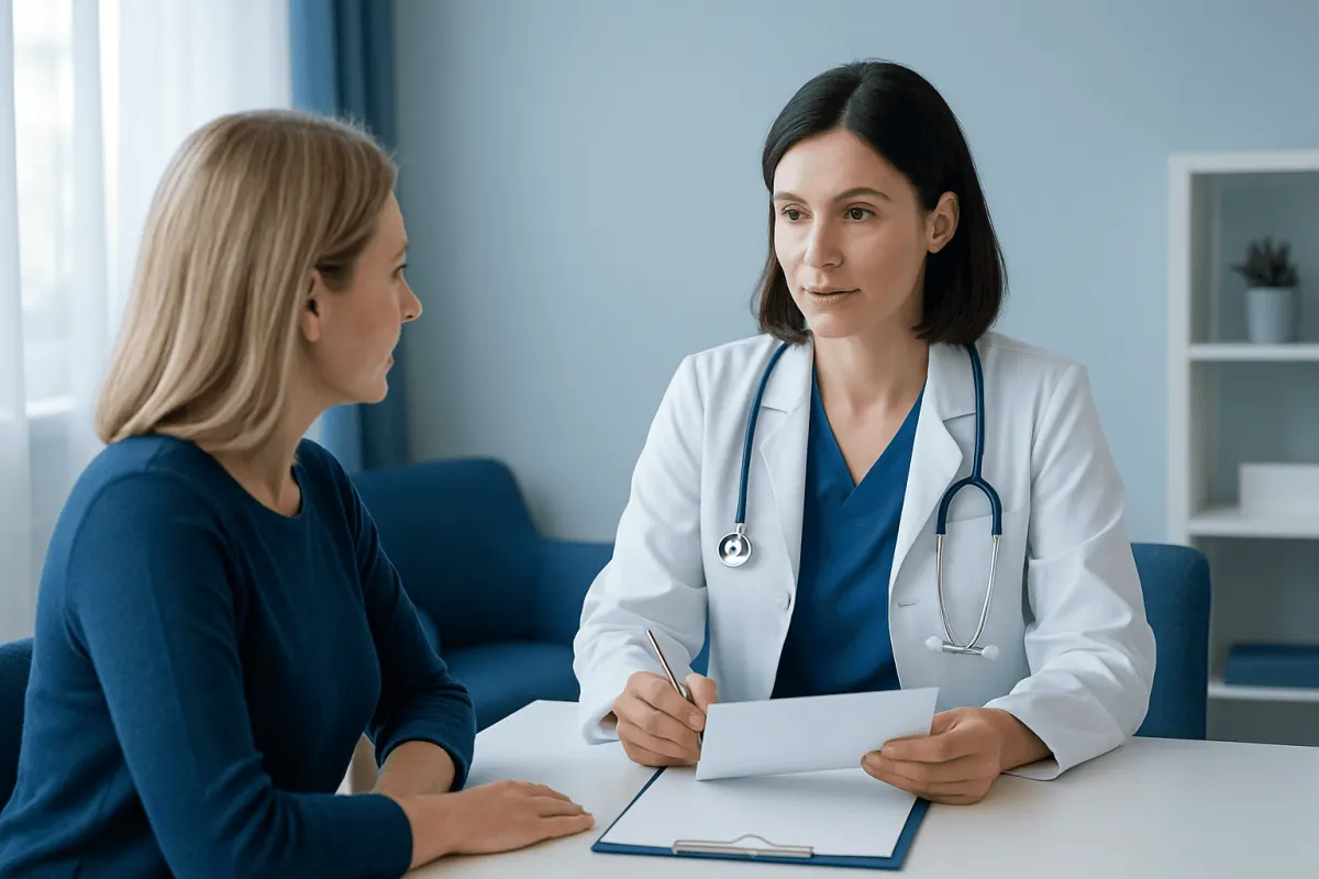 Doctor consulting with a patient in a modern medical office.