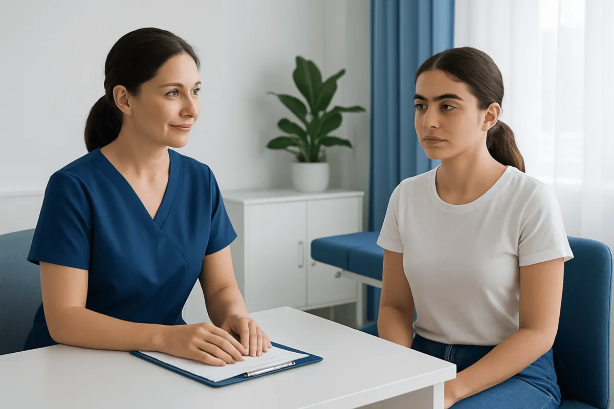 Consultation between a doctor and a patient at a hospital.