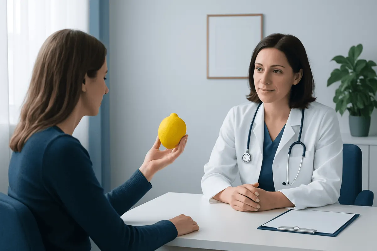 Doctor consulting with patient holding a lemon in a medical office.