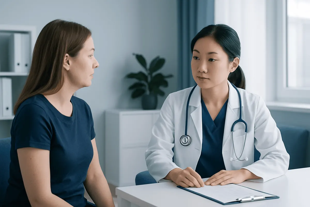 Doctor consulting with a female patient in a modern clinic setting.