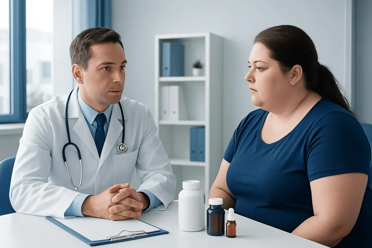 Doctor consulting with a patient about health in a modern clinic.