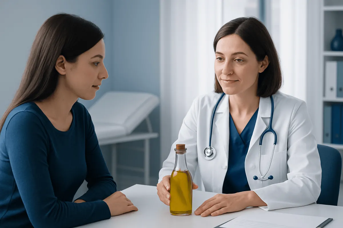 Doctor advising patient on olive oil health benefits in clinic setting.