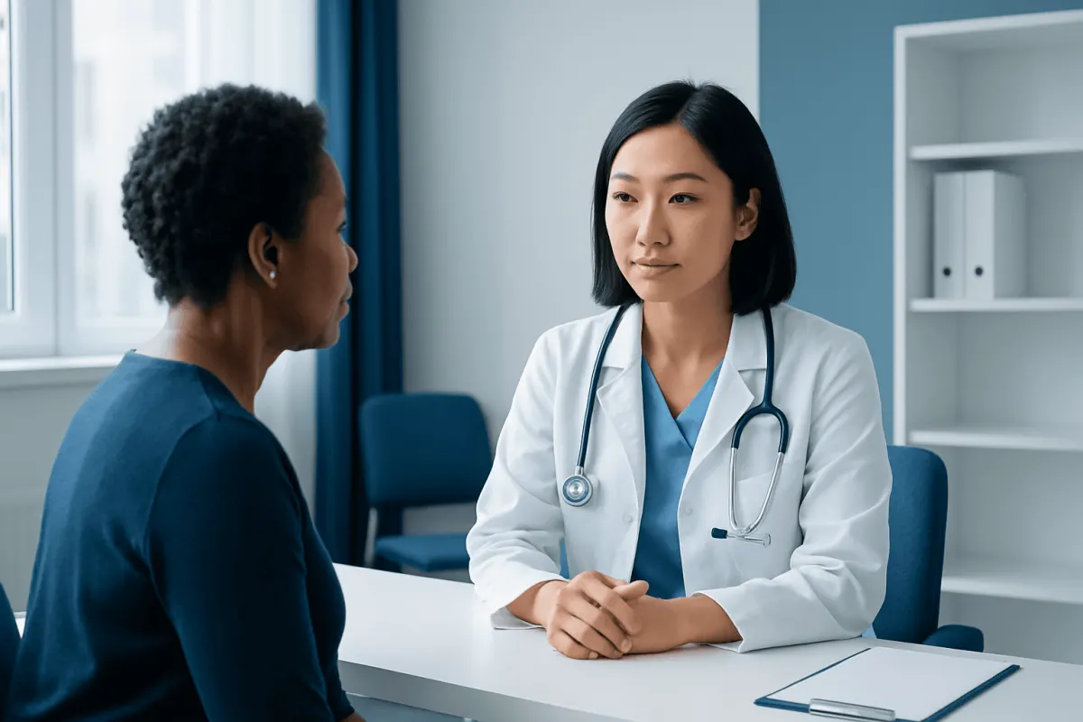 Doctor consulting with a patient in a modern hospital room.