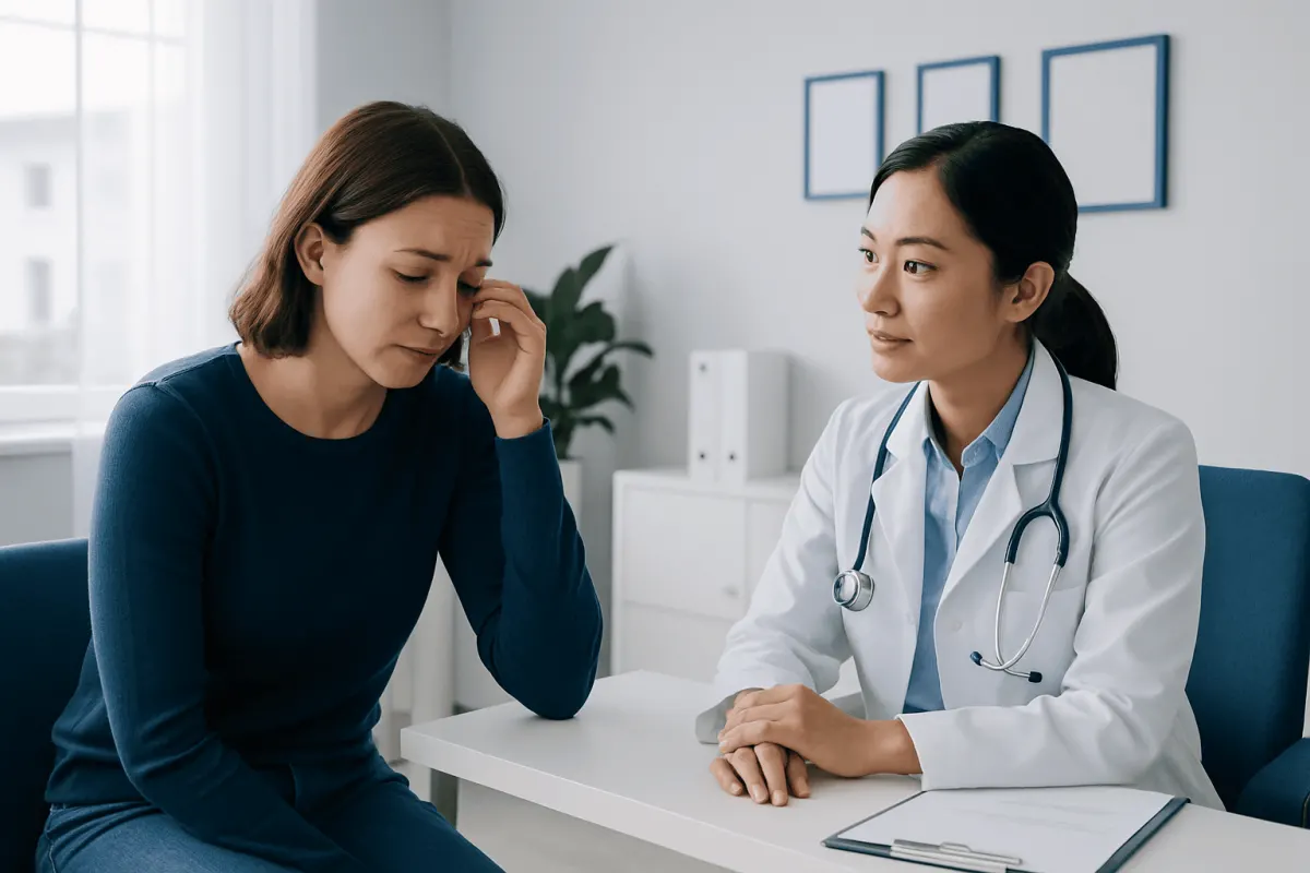 Doctor consulting with a woman about emotional health and crying benefits.