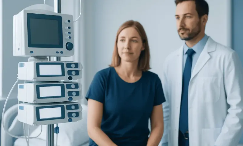 Patient in hospital bed with medical monitors and doctor in hospital room.